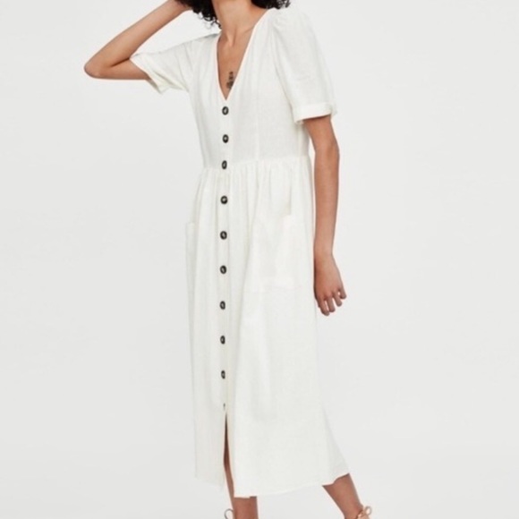 Zara Dresses & Skirts - ZARA Linen Button Up Midi Dress White XS